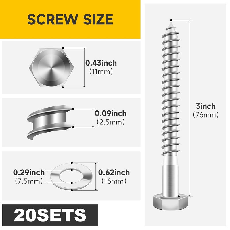 MYWISH (20Sets) 1/4" x 3" Hex Head Lag Bolts, Heavy Duty Lag Screws with Washers, 304 Stainless Steel Bolts 18-8, Lag Screws Wood Screws, Partial Thread Bright Finish, 1/4 Bolt by - Image 2